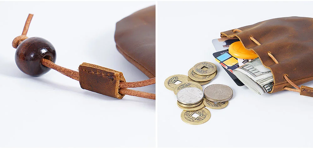 AIGUONIU Original Handmade Genuine Leather Unisex Coin Purse Cow Leather Coins Money Pocket Retro Wallet Drawstring Storage Bag