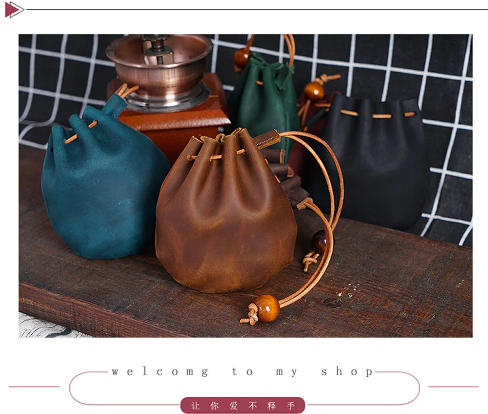 AIGUONIU Original Handmade Genuine Leather Unisex Coin Purse Cow Leather Coins Money Pocket Retro Wallet Drawstring Storage Bag