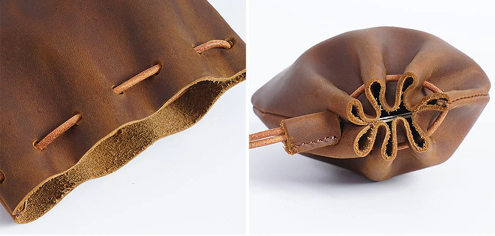 AIGUONIU Original Handmade Genuine Leather Unisex Coin Purse Cow Leather Coins Money Pocket Retro Wallet Drawstring Storage Bag