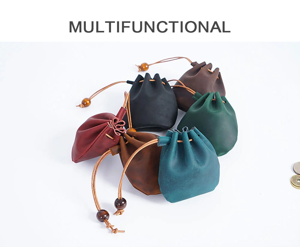 AIGUONIU Original Handmade Genuine Leather Unisex Coin Purse Cow Leather Coins Money Pocket Retro Wallet Drawstring Storage Bag