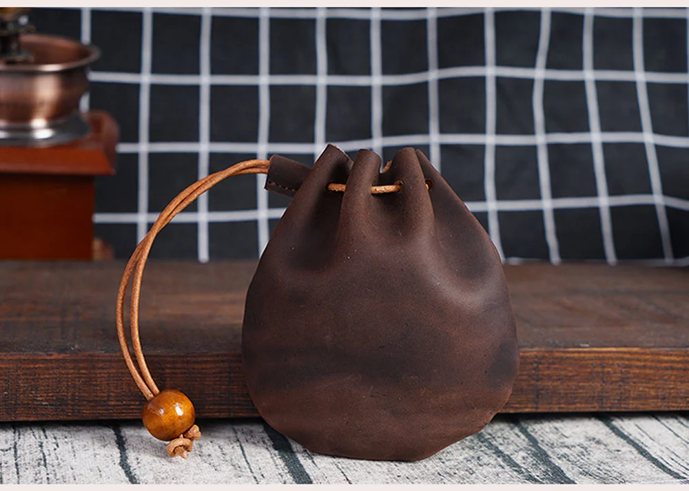 AIGUONIU Original Handmade Genuine Leather Unisex Coin Purse Cow Leather Coins Money Pocket Retro Wallet Drawstring Storage Bag