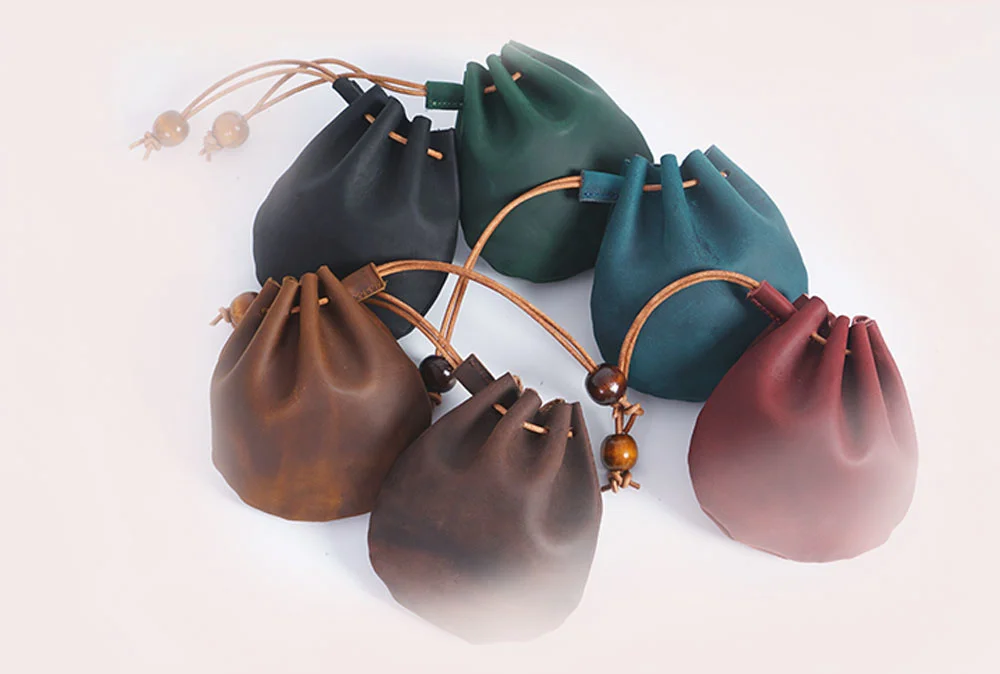 AIGUONIU Original Handmade Genuine Leather Unisex Coin Purse Cow Leather Coins Money Pocket Retro Wallet Drawstring Storage Bag