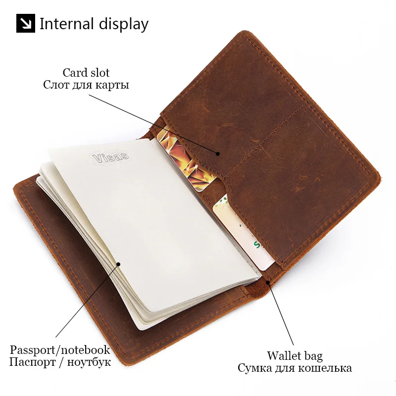 Genuine Leather Crazy Horse Passport Cover Men Wallet ID Credit Card Case Vintage Male Passport Holder for Men Slim Document