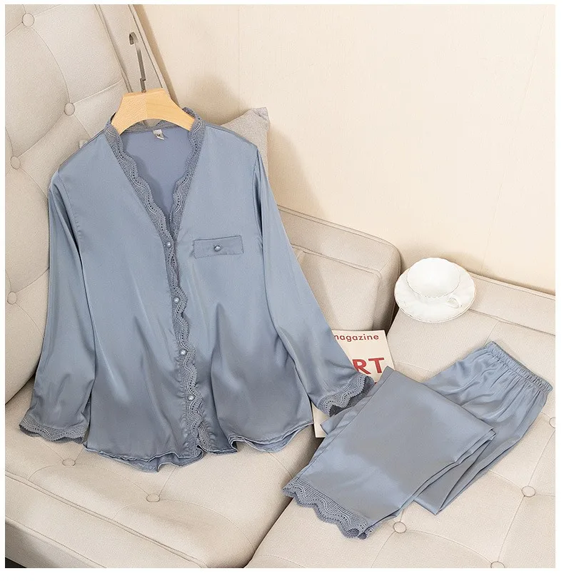 Casual Pajamas Set Satin Sexy Women 2 Piece Sleepwear Silky Pyjamas Loungewear Solid Nightwear Spring New Bathrobe Shirt&Pants