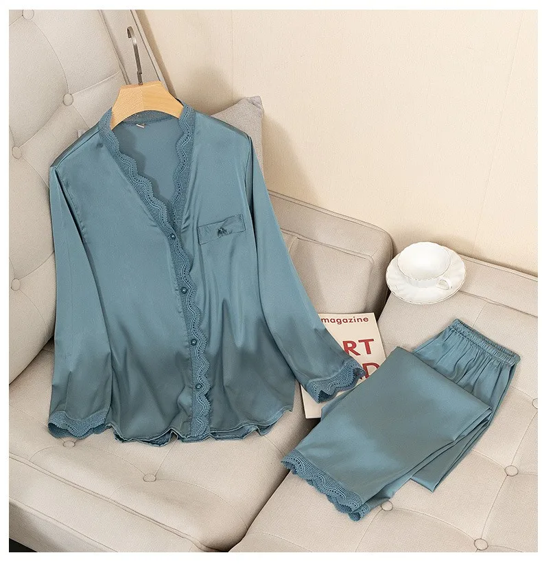 Casual Pajamas Set Satin Sexy Women 2 Piece Sleepwear Silky Pyjamas Loungewear Solid Nightwear Spring New Bathrobe Shirt&Pants