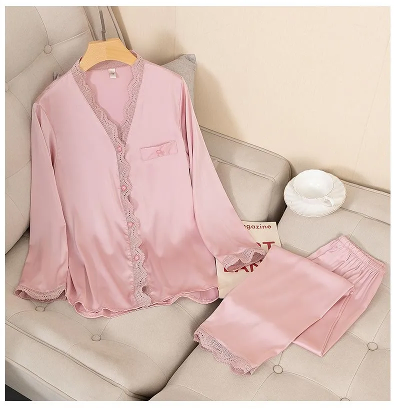 Casual Pajamas Set Satin Sexy Women 2 Piece Sleepwear Silky Pyjamas Loungewear Solid Nightwear Spring New Bathrobe Shirt&Pants
