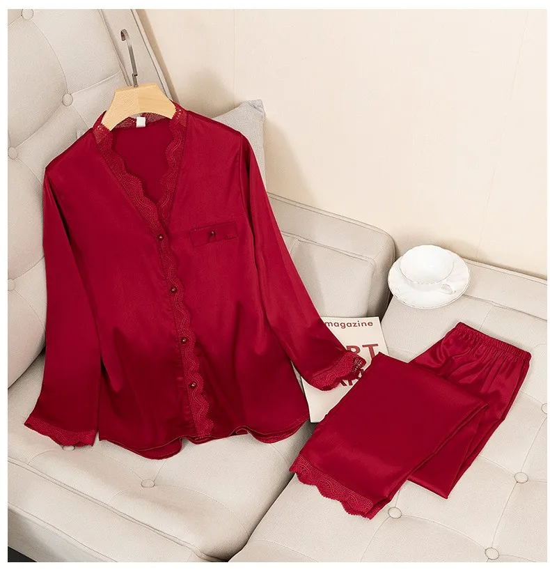 Casual Pajamas Set Satin Sexy Women 2 Piece Sleepwear Silky Pyjamas Loungewear Solid Nightwear Spring New Bathrobe Shirt&Pants