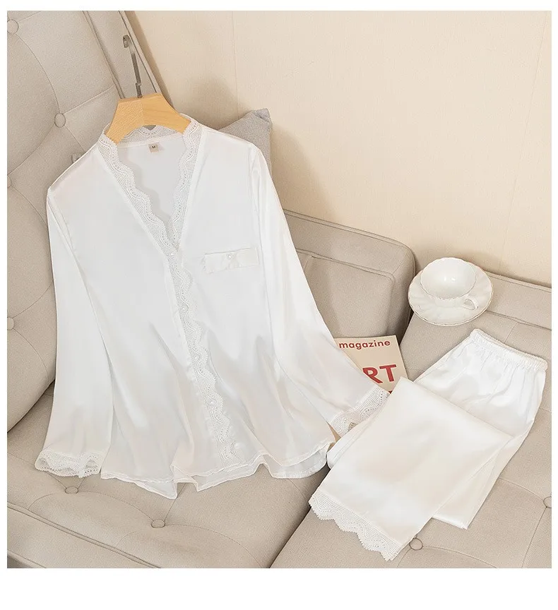Casual Pajamas Set Satin Sexy Women 2 Piece Sleepwear Silky Pyjamas Loungewear Solid Nightwear Spring New Bathrobe Shirt&Pants