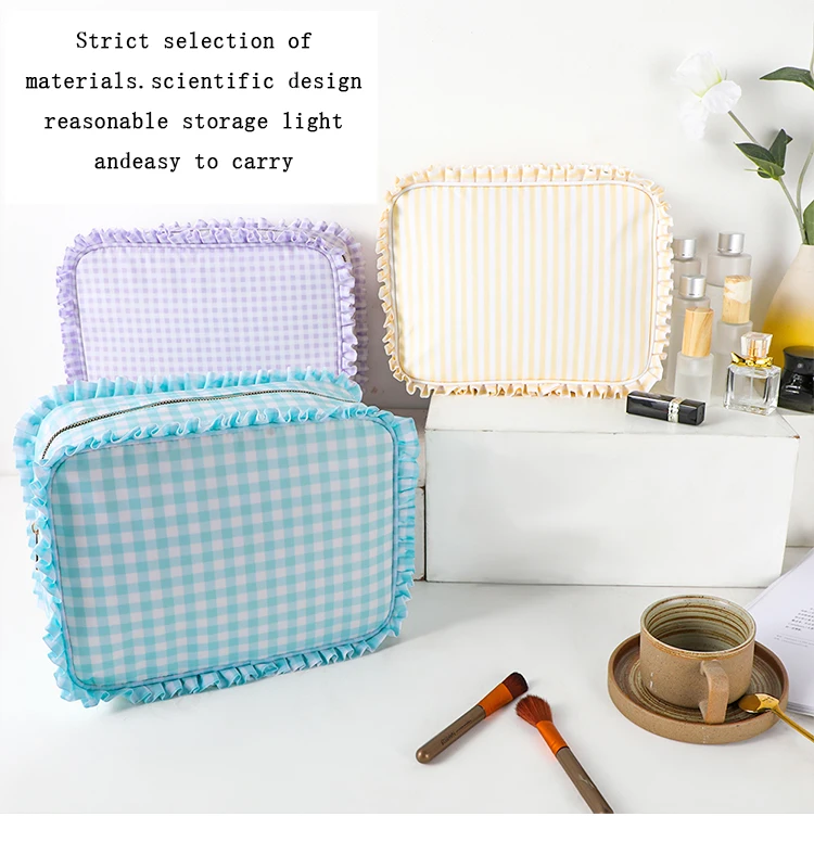 Ruffle Cosmetic Bag Travel Makeup Nylon Pouch For Women Girls Large Toiletry Multifunction Organizer Storage Zipper Waterproof