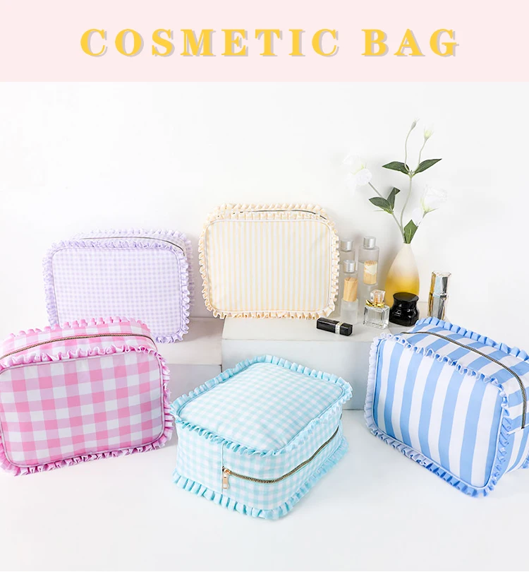 Ruffle Cosmetic Bag Travel Makeup Nylon Pouch For Women Girls Large Toiletry Multifunction Organizer Storage Zipper Waterproof