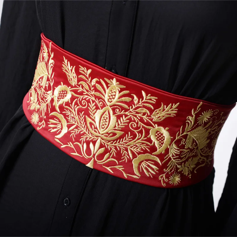 Vintage Embroidery Fabric Wide Belt Women Dress Belt Elastic Waist Cummerbund Japanese Kimono Girdle Yukata Obi Retro Waistband