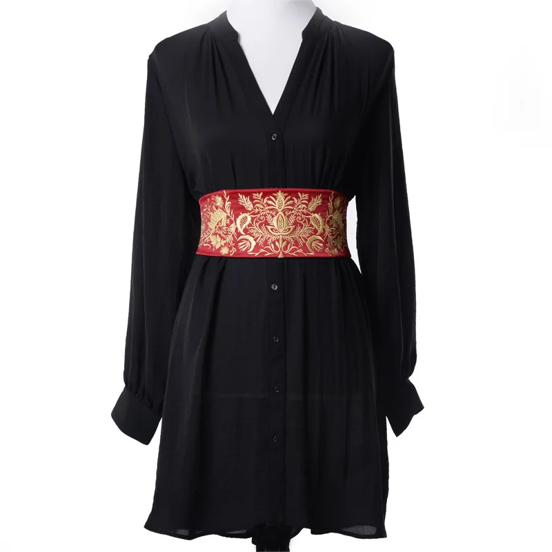 Vintage Embroidery Fabric Wide Belt Women Dress Belt Elastic Waist Cummerbund Japanese Kimono Girdle Yukata Obi Retro Waistband