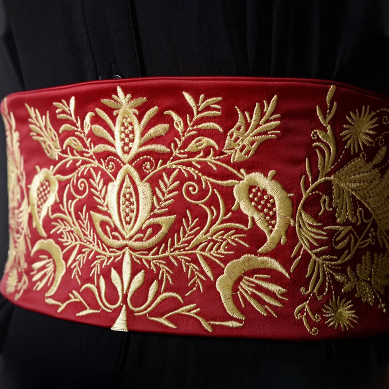 Vintage Embroidery Fabric Wide Belt Women Dress Belt Elastic Waist Cummerbund Japanese Kimono Girdle Yukata Obi Retro Waistband