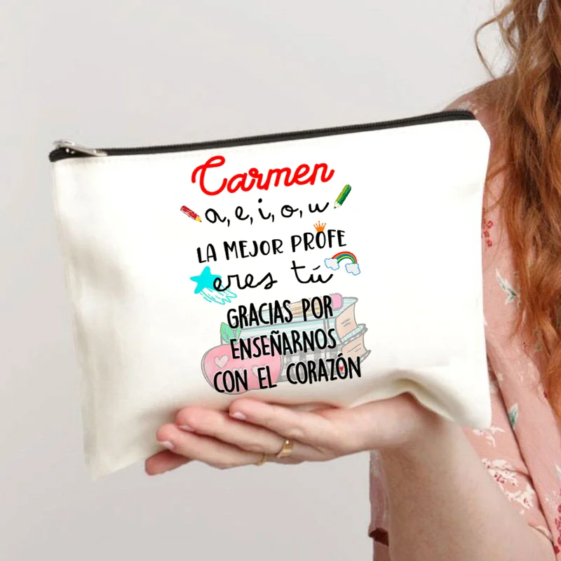 Spanish Printed Teacher Life Makeup Pouch Pencil Case School Stationery Supplies Storage Bags Travel Makeup Wash Organizer Gifts