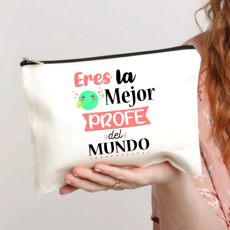 Spanish Printed Teacher Life Makeup Pouch Pencil Case School Stationery Supplies Storage Bags Travel Makeup Wash Organizer Gifts
