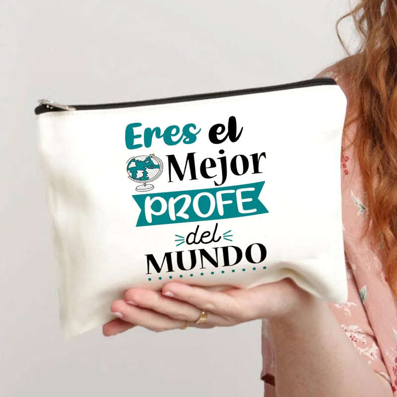 Spanish Printed Teacher Life Makeup Pouch Pencil Case School Stationery Supplies Storage Bags Travel Makeup Wash Organizer Gifts