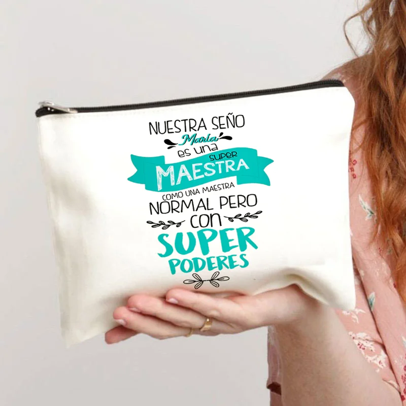 Spanish Printed Teacher Life Makeup Pouch Pencil Case School Stationery Supplies Storage Bags Travel Makeup Wash Organizer Gifts