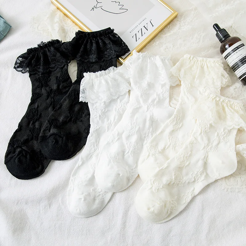 Woman Socks Lolita Style Black White Ruffle Socks Mesh Thin Lace Sweet Girls Japanese Fashion Lolita Cute Socks Calcetin Medias