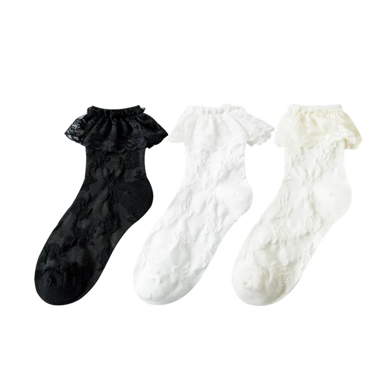 Woman Socks Lolita Style Black White Ruffle Socks Mesh Thin Lace Sweet Girls Japanese Fashion Lolita Cute Socks Calcetin Medias