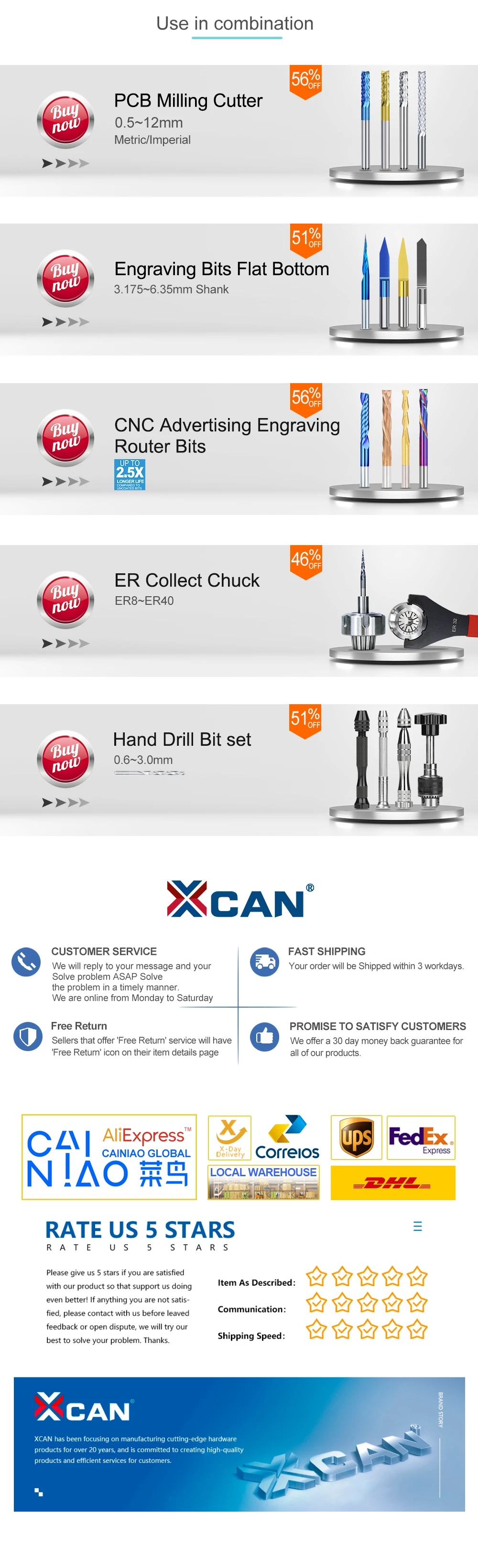 XCAN 0.1mm-2.0mm Import Carbide PCB Drill Bits Print Circuit Board Mini CNC Drilling Bit Set