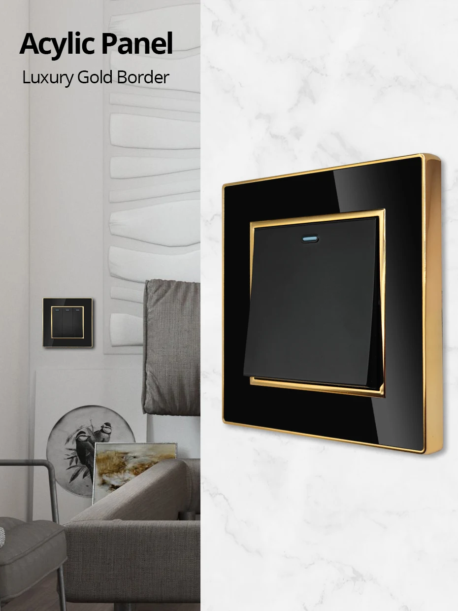 Wallpad Wall Black Acrylic Panel With Gold Border UK US Sockets And Switches 220V 1/2/3/4 Gang 1 2 3 Way Momentary Contact