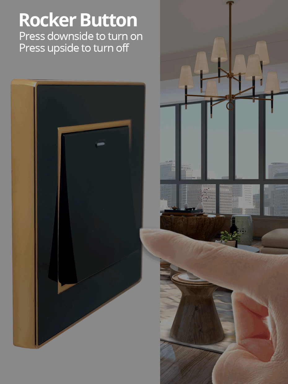 Wallpad Wall Black Acrylic Panel With Gold Border UK US Sockets And Switches 220V 1/2/3/4 Gang 1 2 3 Way Momentary Contact