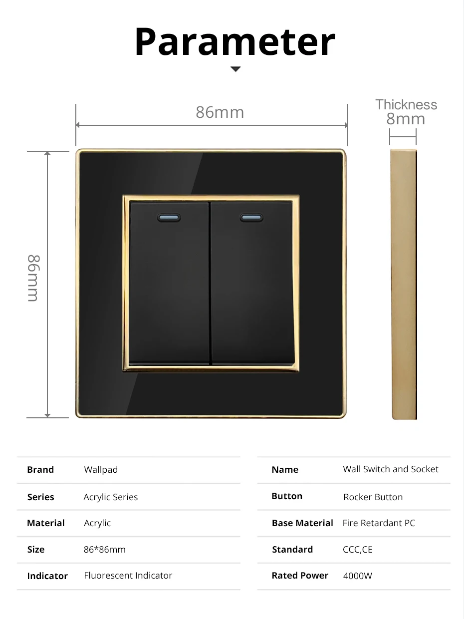 Wallpad Wall Black Acrylic Panel With Gold Border UK US Sockets And Switches 220V 1/2/3/4 Gang 1 2 3 Way Momentary Contact