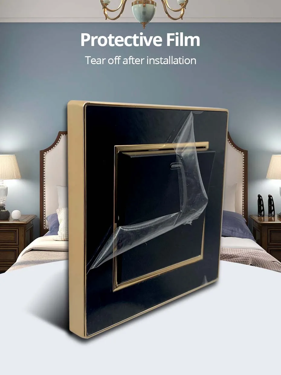 Wallpad Wall Black Acrylic Panel With Gold Border UK US Sockets And Switches 220V 1/2/3/4 Gang 1 2 3 Way Momentary Contact