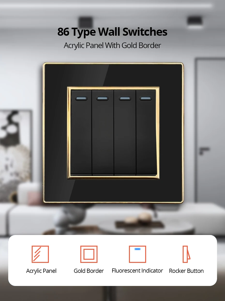 Wallpad Wall Black Acrylic Panel With Gold Border UK US Sockets And Switches 220V 1/2/3/4 Gang 1 2 3 Way Momentary Contact
