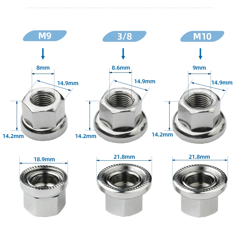 Dual Nuts Riveted for Fixed Gear Bicycle Front Rear Hub Fixing With Anti-skid Texture M9 M10 3/8 Inch Drum Axle Firm Mount