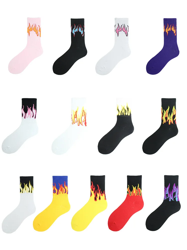 Unisex Flame Black White Yellow Fire Sokken Novelty Hip Hop Harajuku Socks Skateboard Calceines Mujer Street Skarpetki Socks