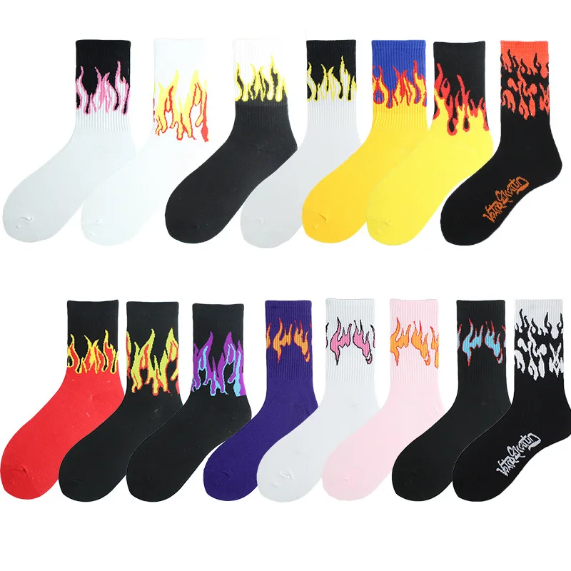 Unisex Flame Black White Yellow Fire Sokken Novelty Hip Hop Harajuku Socks Skateboard Calceines Mujer Street Skarpetki Socks
