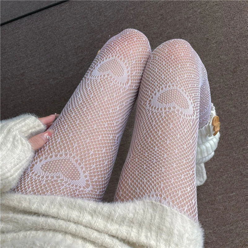 Heart Flower Mesh Japanese Girl Lolita Ins Tights Stockings White Fishnet Pantyhose Female for Women Summer Legging Stocking