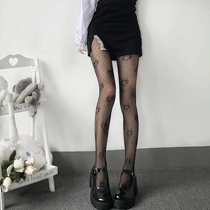 Heart Flower Mesh Japanese Girl Lolita Ins Tights Stockings White Fishnet Pantyhose Female for Women Summer Legging Stocking