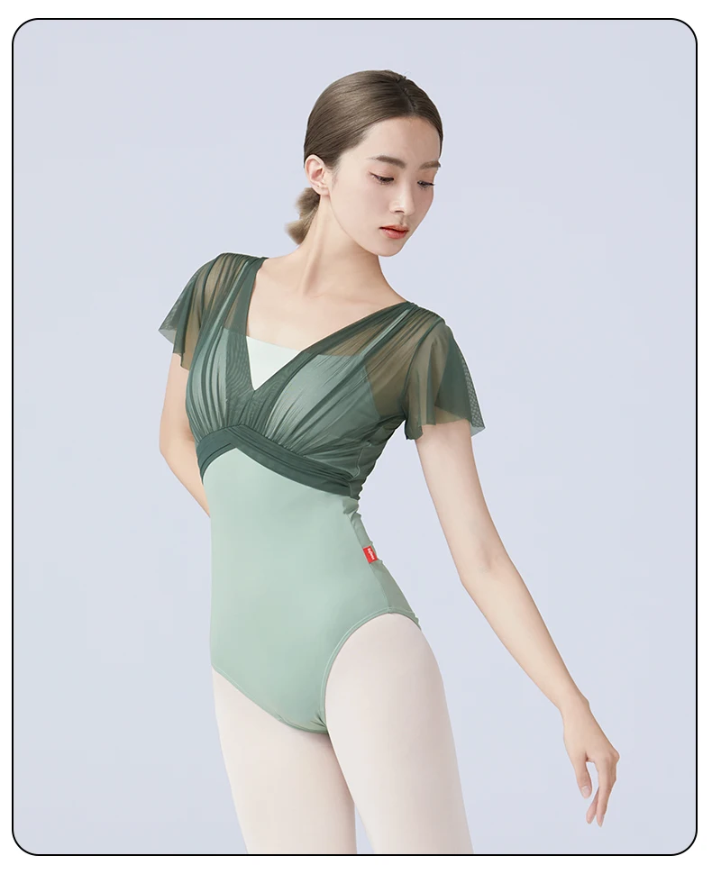 Women Ballet Leotards Dance Leotard Nylon Spliced Short Sleeve Pleats Ballet Bodysuit Adult Fake Two Piece Gymnastics Leotards