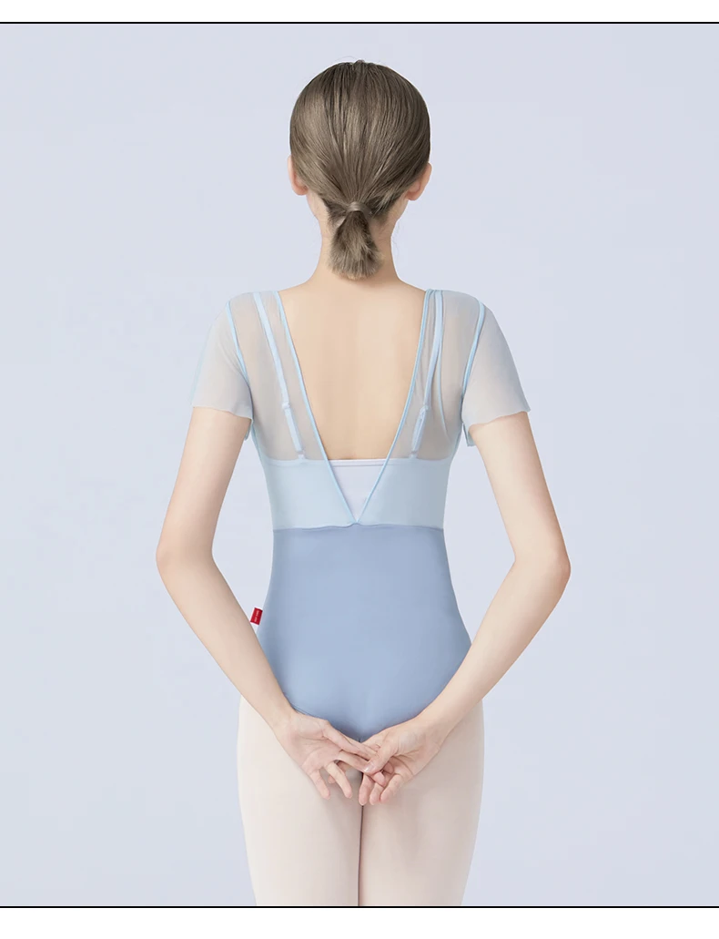 Women Ballet Leotards Dance Leotard Nylon Spliced Short Sleeve Pleats Ballet Bodysuit Adult Fake Two Piece Gymnastics Leotards