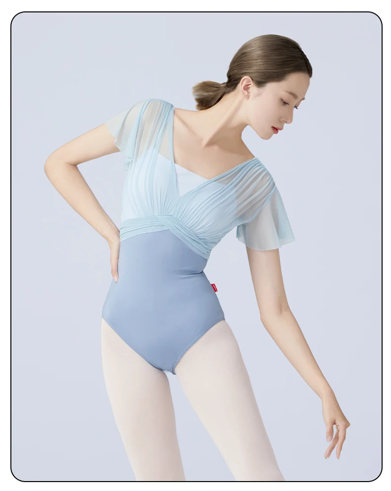 Women Ballet Leotards Dance Leotard Nylon Spliced Short Sleeve Pleats Ballet Bodysuit Adult Fake Two Piece Gymnastics Leotards