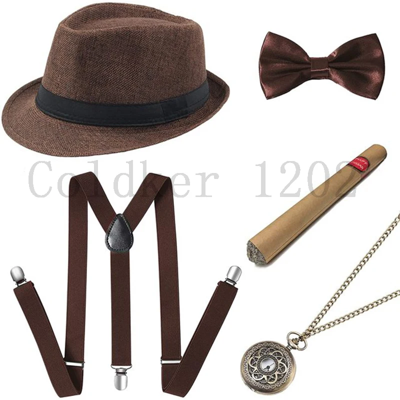 Free Ship Halloween 1920s Mens Gatsby Gangster Accessories Set Panama Hat Suspender Bow Tie 20s Great Gatsby Cosplay Accessories