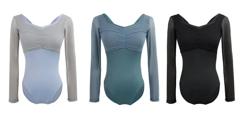 Ballet Leotards for Women Adult Gymnastics Yoga Ballerina Dance Bodysuits Patchwork Mesh Long Sleeve Square Collar Leotards