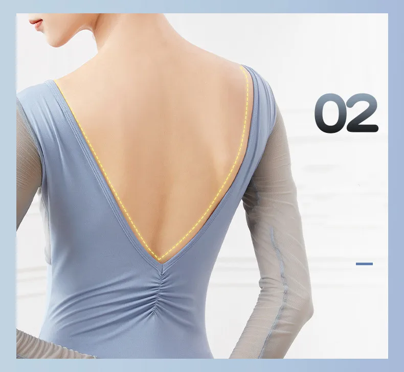 Ballet Leotards for Women Adult Gymnastics Yoga Ballerina Dance Bodysuits Patchwork Mesh Long Sleeve Square Collar Leotards