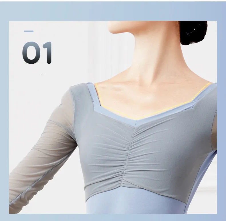 Ballet Leotards for Women Adult Gymnastics Yoga Ballerina Dance Bodysuits Patchwork Mesh Long Sleeve Square Collar Leotards