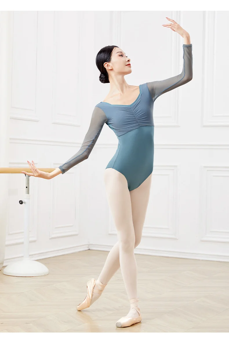 Ballet Leotards for Women Adult Gymnastics Yoga Ballerina Dance Bodysuits Patchwork Mesh Long Sleeve Square Collar Leotards