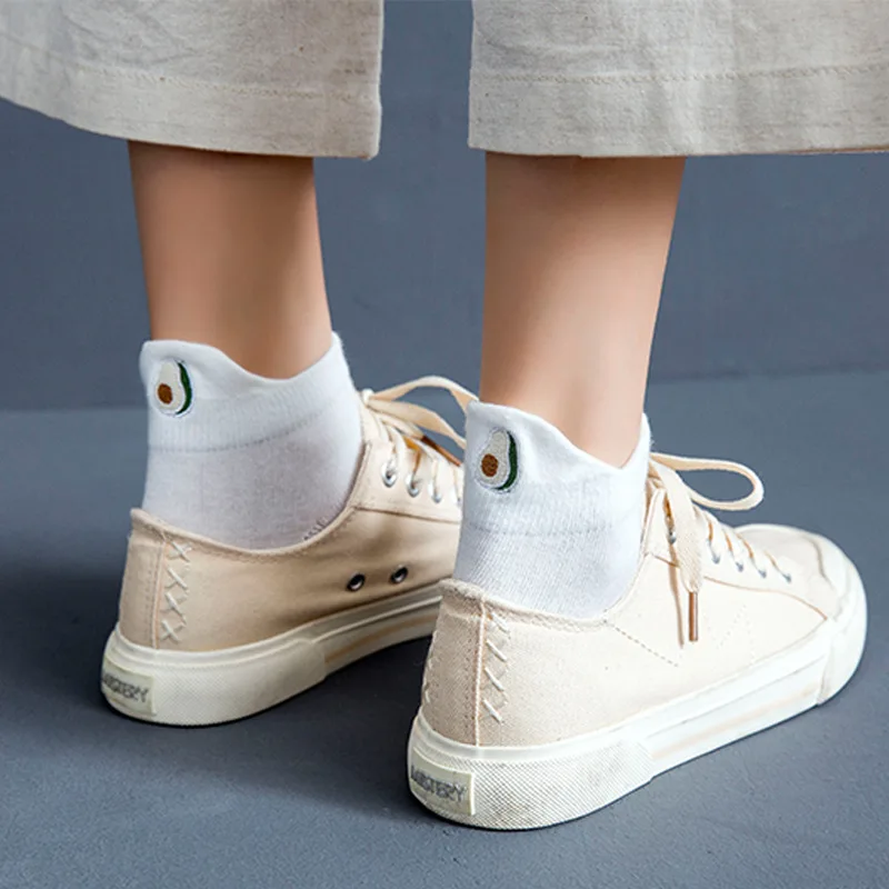 Casual Solid White Socks Women Embroidery Fruits Avocado Strawberry Watermelon Banana Short Socks Summer Harajuku Ankle Socks