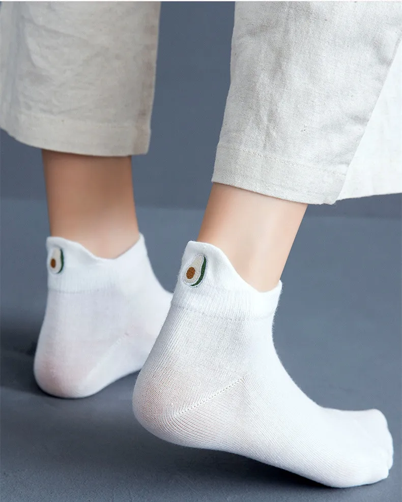 Casual Solid White Socks Women Embroidery Fruits Avocado Strawberry Watermelon Banana Short Socks Summer Harajuku Ankle Socks