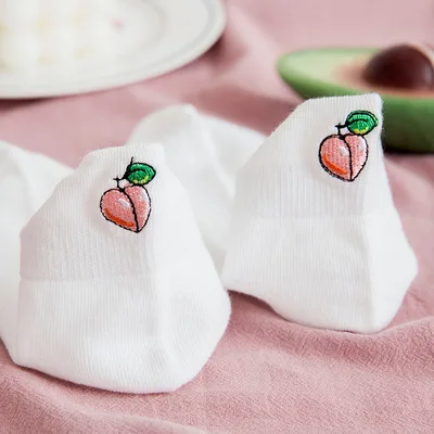 Casual Solid White Socks Women Embroidery Fruits Avocado Strawberry Watermelon Banana Short Socks Summer Harajuku Ankle Socks