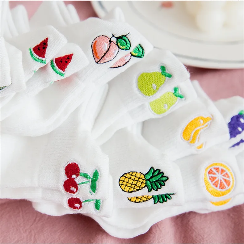 Casual Solid White Socks Women Embroidery Fruits Avocado Strawberry Watermelon Banana Short Socks Summer Harajuku Ankle Socks