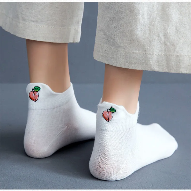 Casual Solid White Socks Women Embroidery Fruits Avocado Strawberry Watermelon Banana Short Socks Summer Harajuku Ankle Socks