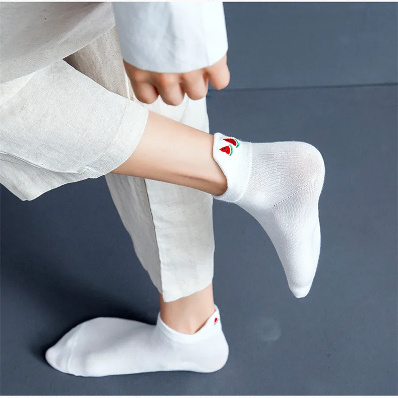 Casual Solid White Socks Women Embroidery Fruits Avocado Strawberry Watermelon Banana Short Socks Summer Harajuku Ankle Socks