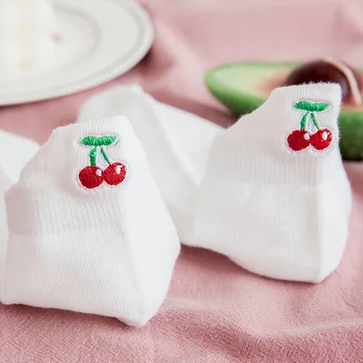 Casual Solid White Socks Women Embroidery Fruits Avocado Strawberry Watermelon Banana Short Socks Summer Harajuku Ankle Socks