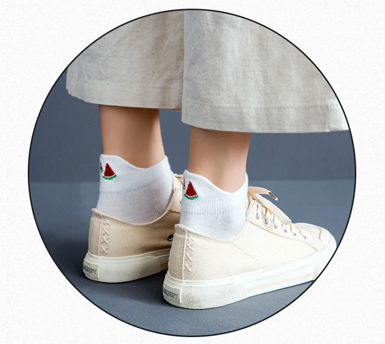 Casual Solid White Socks Women Embroidery Fruits Avocado Strawberry Watermelon Banana Short Socks Summer Harajuku Ankle Socks